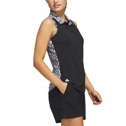 Adidas Women's Ultimate365 Printed Sleeveless Polo -Ball Sports Equipment Discount Store adidas ss23 womens ultimate365 printed sleeveless polo black side itempicture
